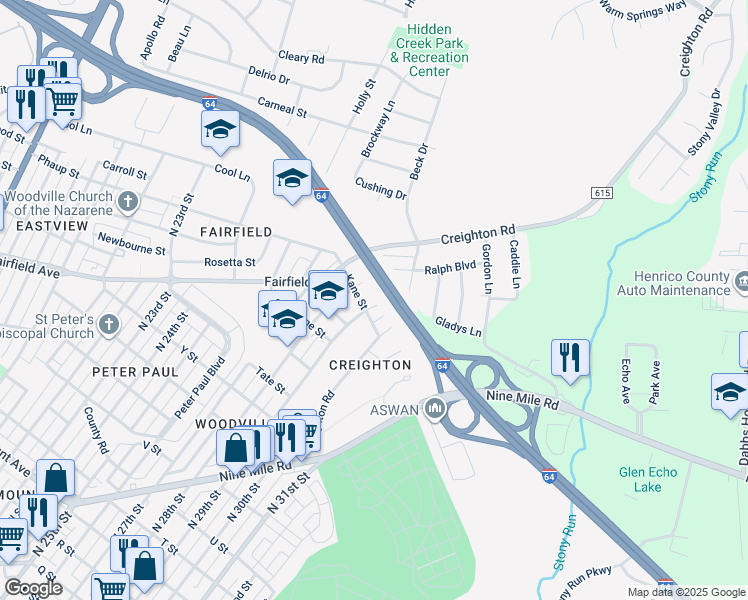 map of restaurants, bars, coffee shops, grocery stores, and more near 2304 North 29th Street in Richmond