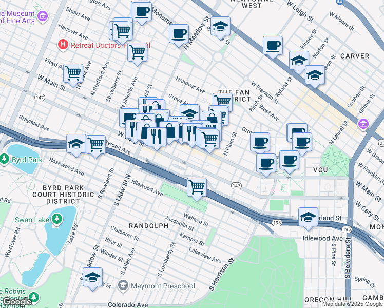 map of restaurants, bars, coffee shops, grocery stores, and more near 1721 West Main Street in Richmond