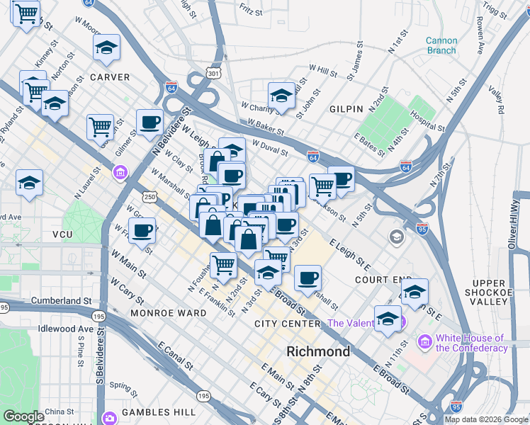 map of restaurants, bars, coffee shops, grocery stores, and more near 518 North 1st Street in Richmond