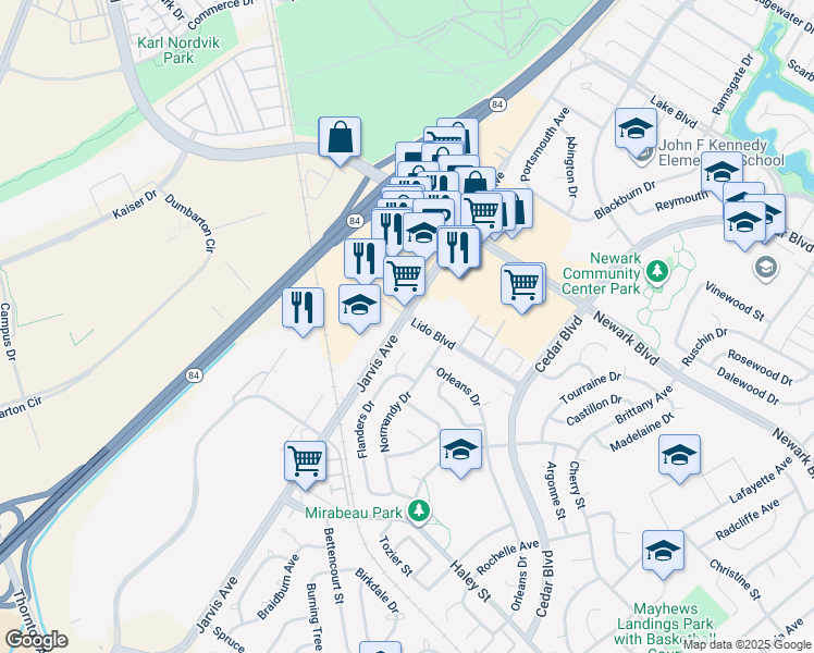 map of restaurants, bars, coffee shops, grocery stores, and more near 6359 Jarvis Avenue in Newark