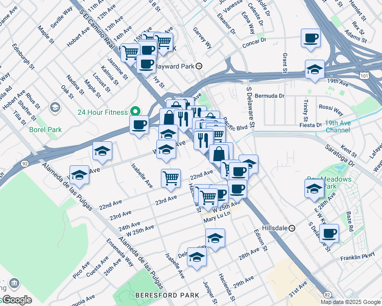 map of restaurants, bars, coffee shops, grocery stores, and more near 2000 South El Camino Real in San Mateo