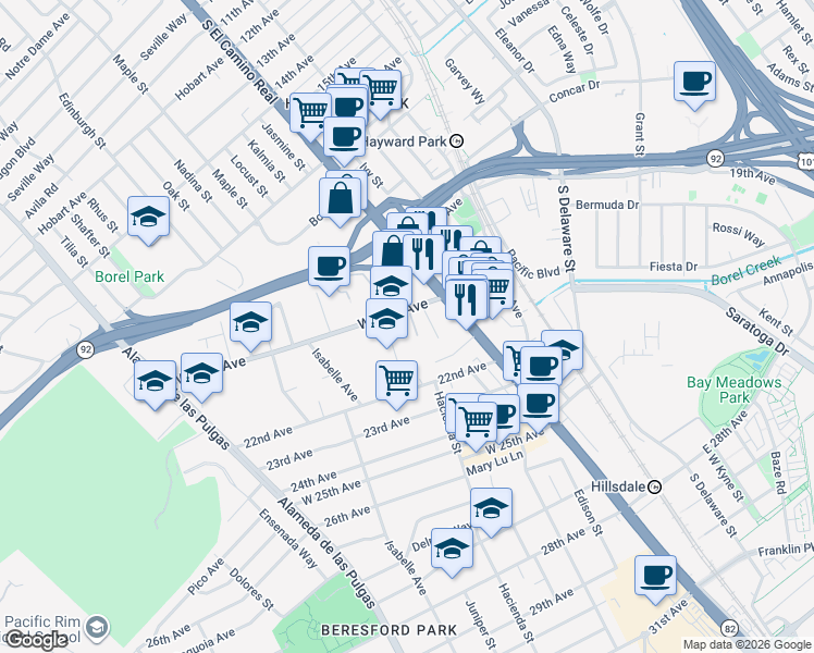 map of restaurants, bars, coffee shops, grocery stores, and more near 31 West 20th Avenue in San Mateo