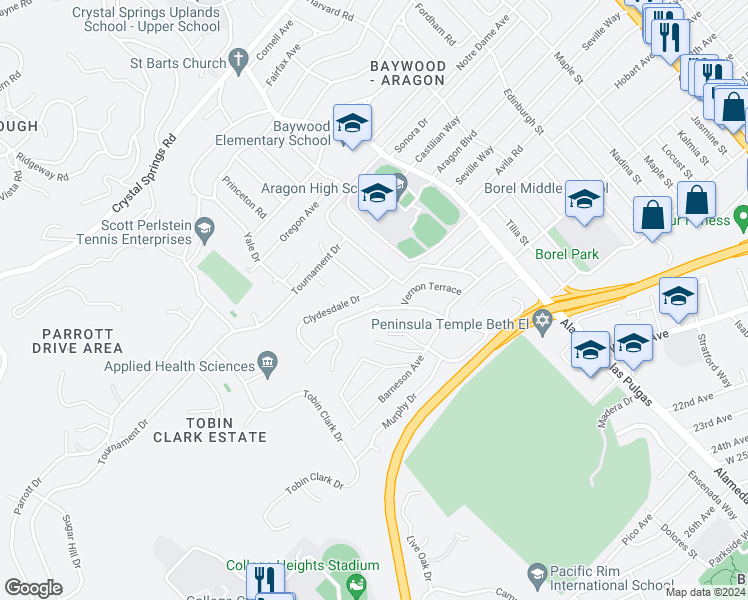 map of restaurants, bars, coffee shops, grocery stores, and more near 735 Clydesdale Drive in Hillsborough