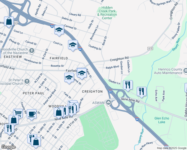 map of restaurants, bars, coffee shops, grocery stores, and more near 2304 North 29th Street in Richmond