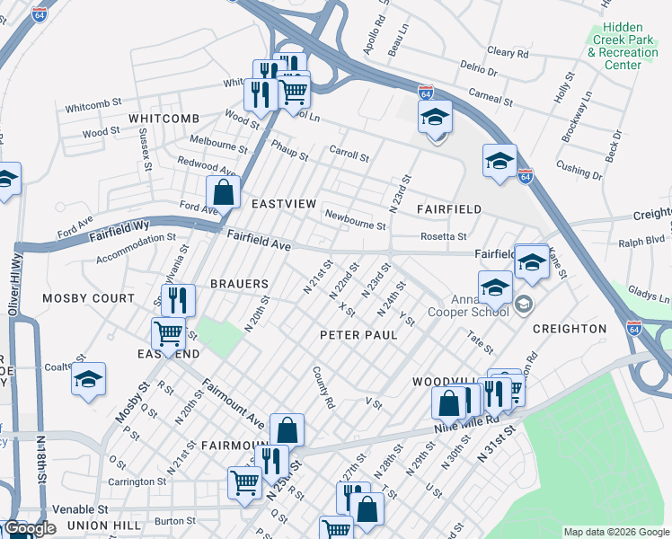 map of restaurants, bars, coffee shops, grocery stores, and more near 1905 North 21st Street in Richmond