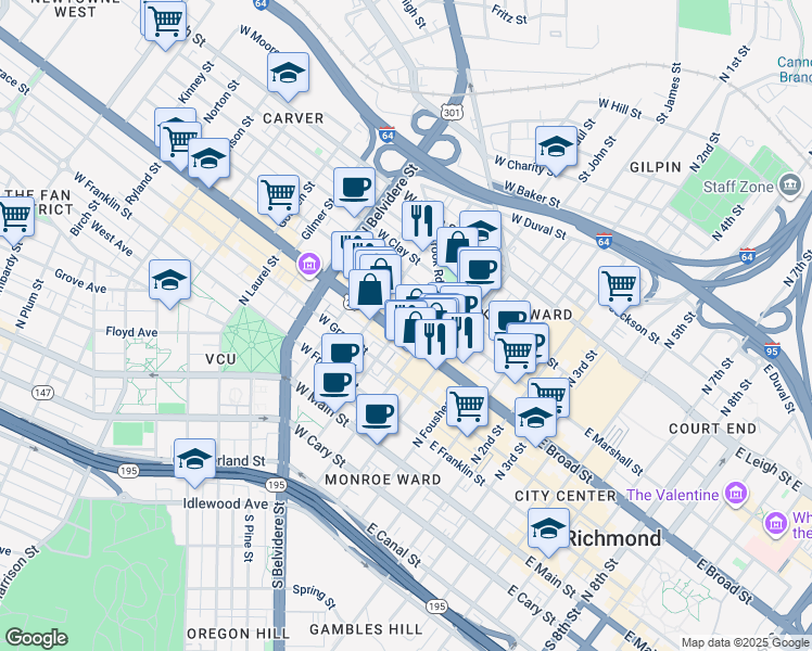 map of restaurants, bars, coffee shops, grocery stores, and more near 218 West Marshall Street in Richmond