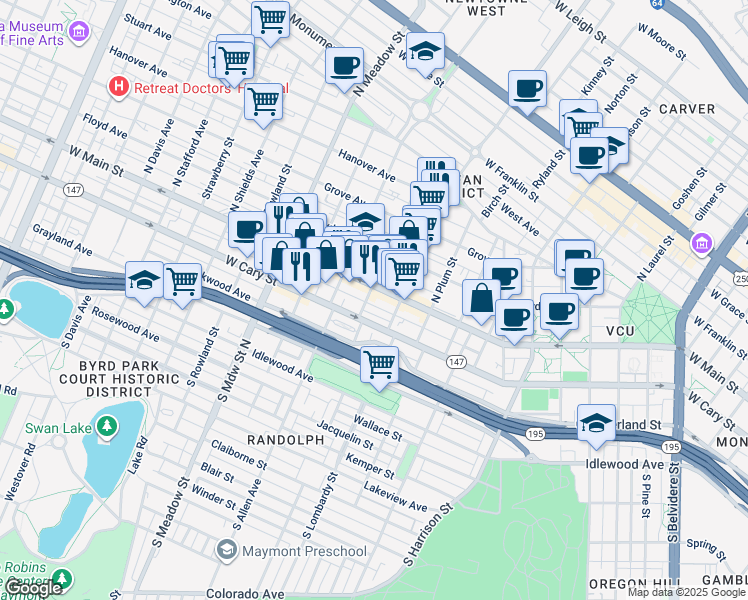 map of restaurants, bars, coffee shops, grocery stores, and more near 1618 West Main Street in Richmond