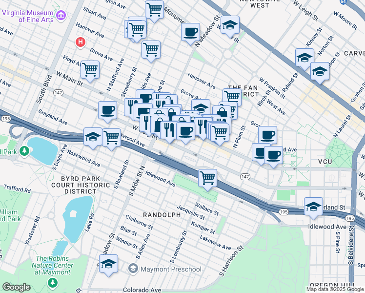 map of restaurants, bars, coffee shops, grocery stores, and more near 3A South Granby Street in Richmond