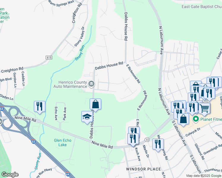 map of restaurants, bars, coffee shops, grocery stores, and more near 4004 Shillingford Drive in Richmond