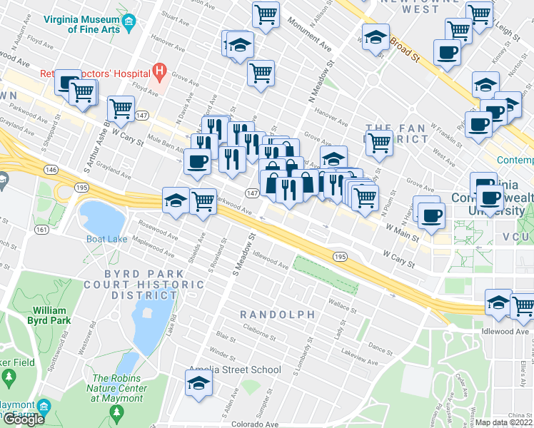 map of restaurants, bars, coffee shops, grocery stores, and more near 1920 Parkwood Avenue in Richmond