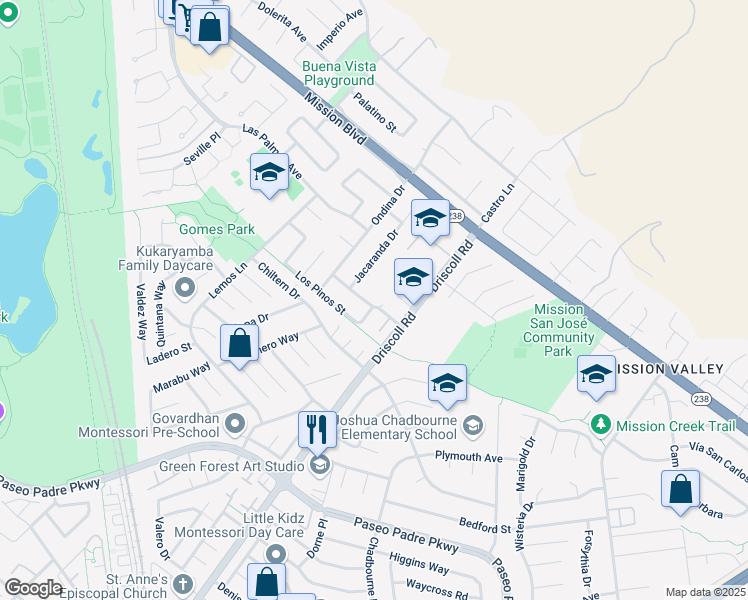 map of restaurants, bars, coffee shops, grocery stores, and more near 40970 Amapola Drive in Fremont