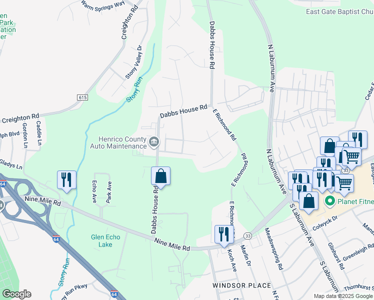 map of restaurants, bars, coffee shops, grocery stores, and more near 4004 Shillingford Drive in Richmond