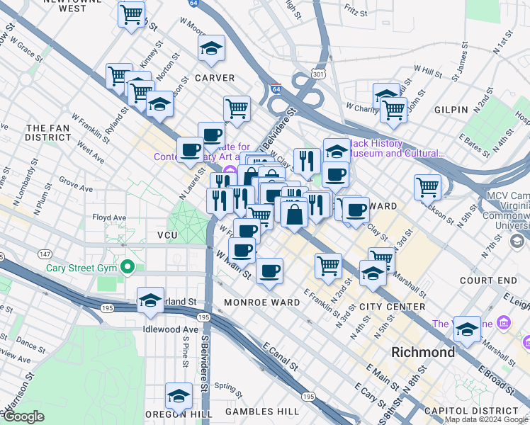 map of restaurants, bars, coffee shops, grocery stores, and more near 325 West Broad Street in Richmond
