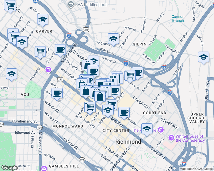 map of restaurants, bars, coffee shops, grocery stores, and more near in Richmond