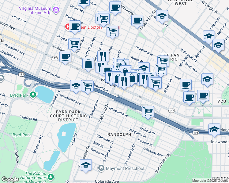 map of restaurants, bars, coffee shops, grocery stores, and more near 1920 Parkwood Avenue in Richmond