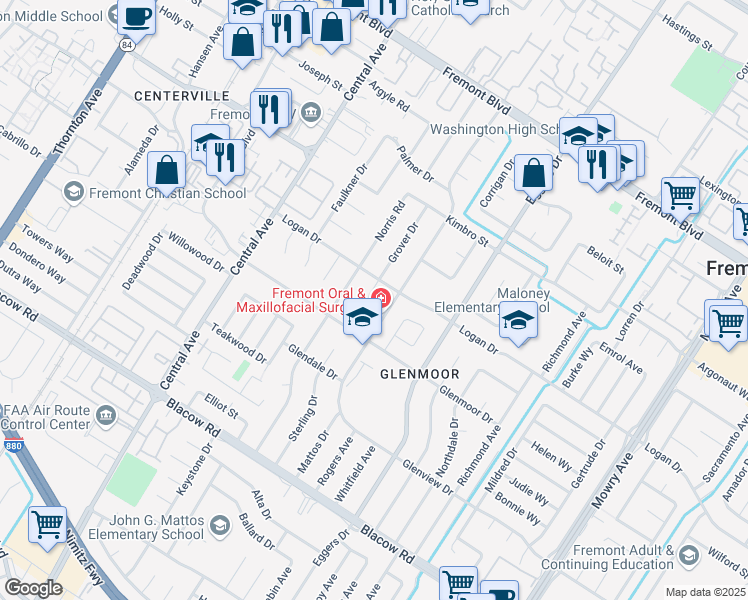 map of restaurants, bars, coffee shops, grocery stores, and more near 4552 Grover Court in Fremont