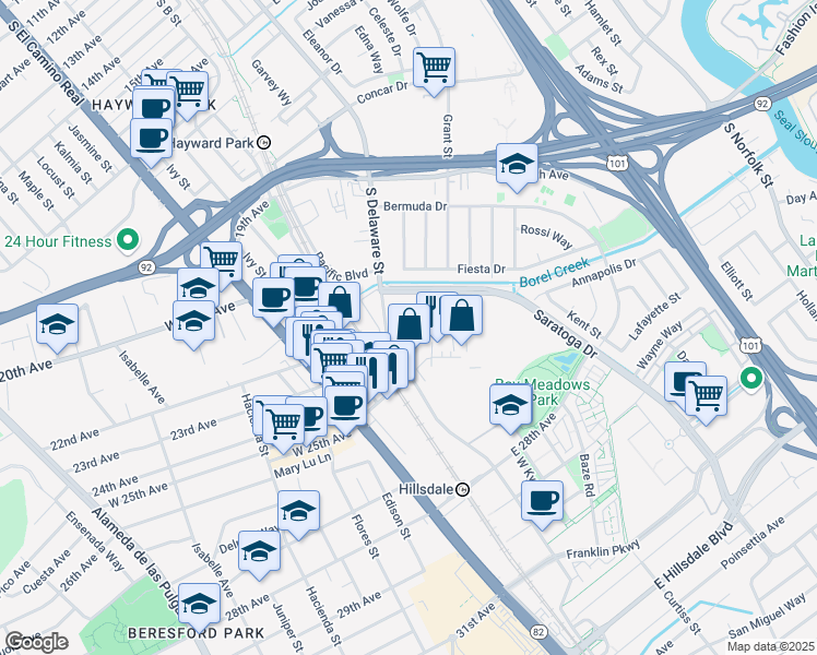 map of restaurants, bars, coffee shops, grocery stores, and more near Saratoga Dr in San Mateo