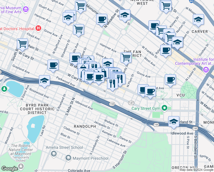 map of restaurants, bars, coffee shops, grocery stores, and more near 4 South Vine Street in Richmond