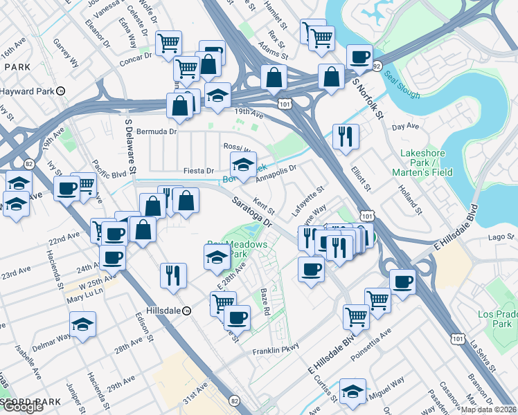 map of restaurants, bars, coffee shops, grocery stores, and more near 2268 Kent Street in San Mateo