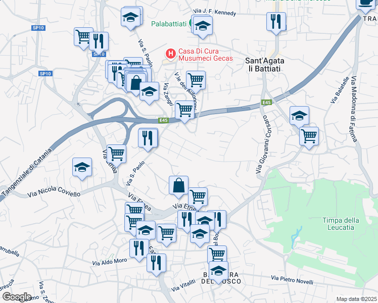 map of restaurants, bars, coffee shops, grocery stores, and more near 26 Via Trieste in Gravina di Catania
