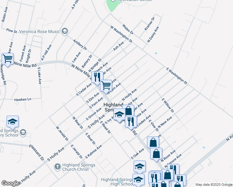 map of restaurants, bars, coffee shops, grocery stores, and more near 12 North Grove Avenue in Highland Springs