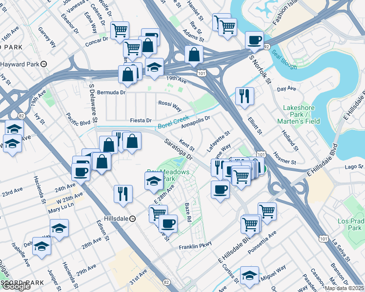 map of restaurants, bars, coffee shops, grocery stores, and more near 2268 Kent Street in San Mateo