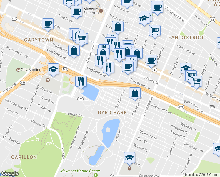map of restaurants, bars, coffee shops, grocery stores, and more near 2404 Grayland Avenue in Richmond