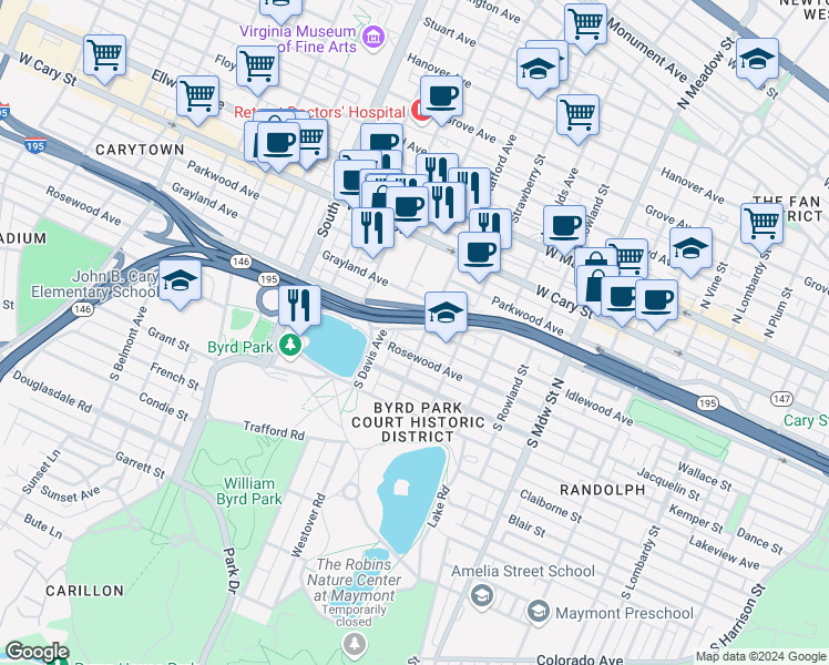 map of restaurants, bars, coffee shops, grocery stores, and more near 2404 Grayland Avenue in Richmond