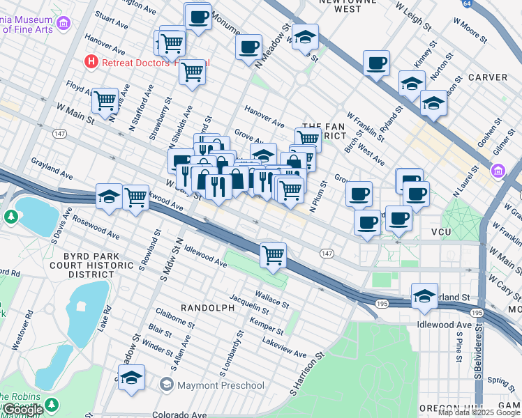 map of restaurants, bars, coffee shops, grocery stores, and more near 4 South Vine Street in Richmond
