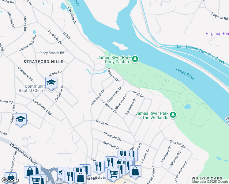 map of restaurants, bars, coffee shops, grocery stores, and more near 3504 Grandview Drive in Richmond