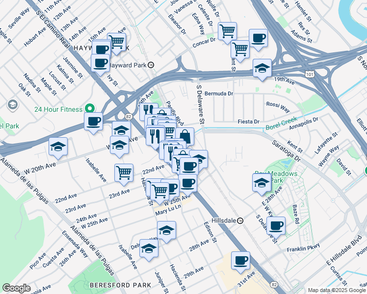 map of restaurants, bars, coffee shops, grocery stores, and more near 2163 Palm Avenue in San Mateo