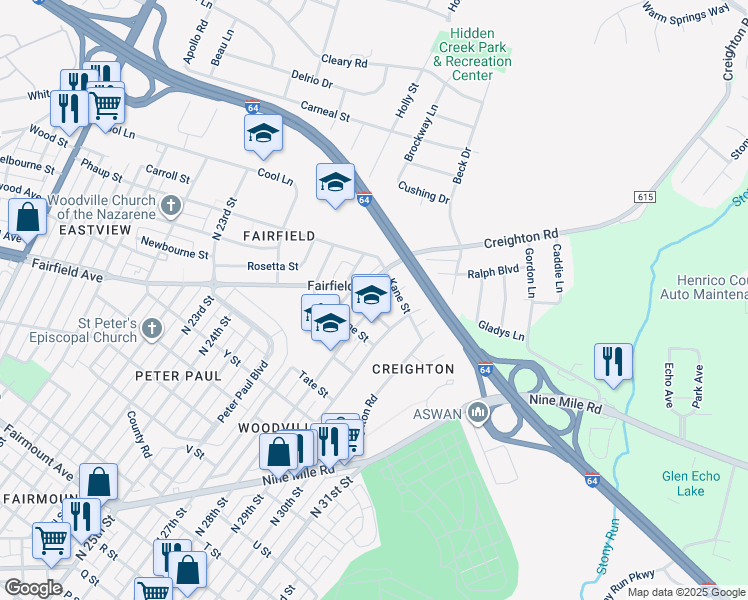 map of restaurants, bars, coffee shops, grocery stores, and more near 2204 North 28th Street in Richmond