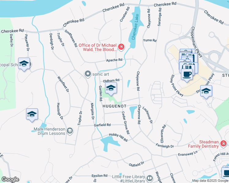 map of restaurants, bars, coffee shops, grocery stores, and more near 3801 Oldham Court in Richmond