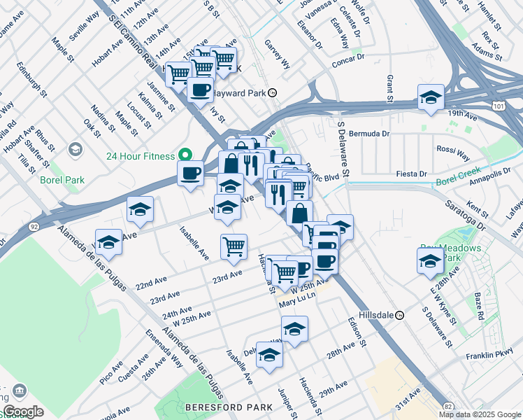 map of restaurants, bars, coffee shops, grocery stores, and more near 2000 South El Camino Real in San Mateo