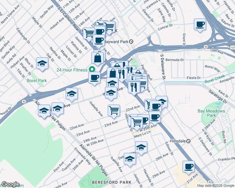 map of restaurants, bars, coffee shops, grocery stores, and more near 31 West 20th Avenue in San Mateo