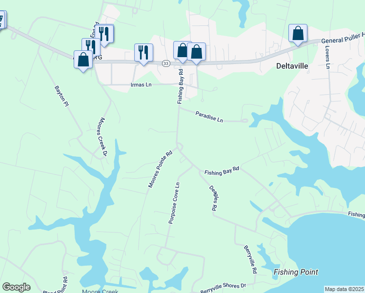 map of restaurants, bars, coffee shops, grocery stores, and more near 361 Fishing Bay Road in Deltaville