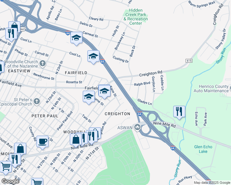 map of restaurants, bars, coffee shops, grocery stores, and more near 2804 Kane Street in Richmond