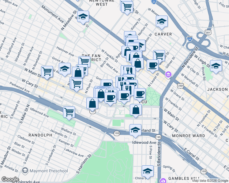 map of restaurants, bars, coffee shops, grocery stores, and more near in Richmond