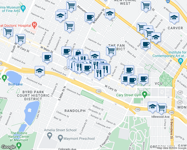 map of restaurants, bars, coffee shops, grocery stores, and more near 1721 West Main Street in Richmond