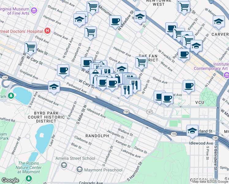 map of restaurants, bars, coffee shops, grocery stores, and more near 1721 West Main Street in Richmond