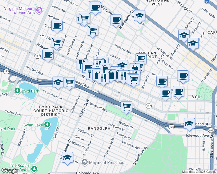 map of restaurants, bars, coffee shops, grocery stores, and more near 3A South Granby Street in Richmond