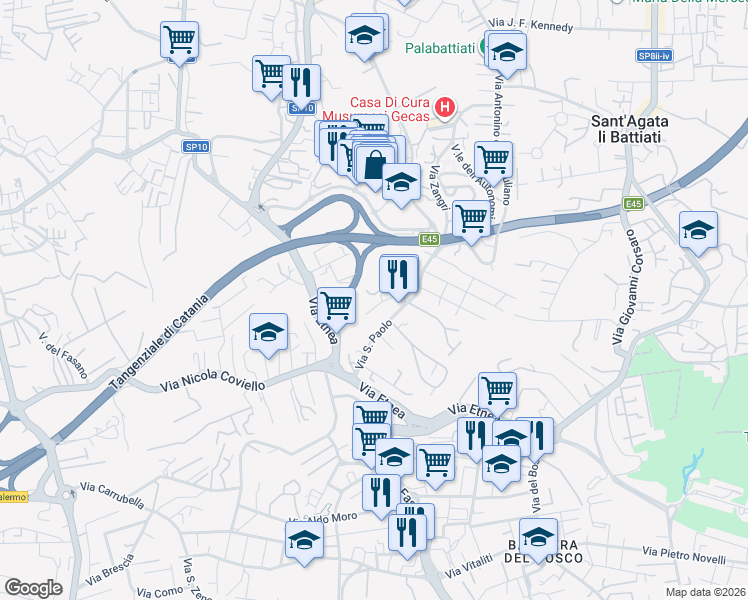 map of restaurants, bars, coffee shops, grocery stores, and more near 18 Via Don Luigi Sturzo in Gravina di Catania
