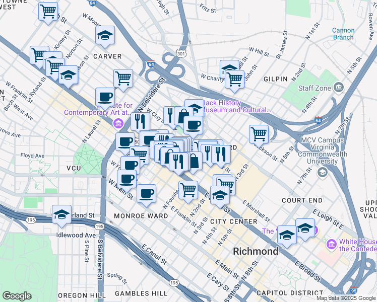 map of restaurants, bars, coffee shops, grocery stores, and more near 406 North Adams Street in Richmond