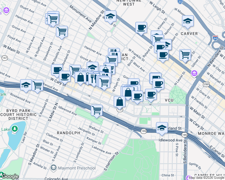 map of restaurants, bars, coffee shops, grocery stores, and more near 1521 Floyd Avenue in Richmond