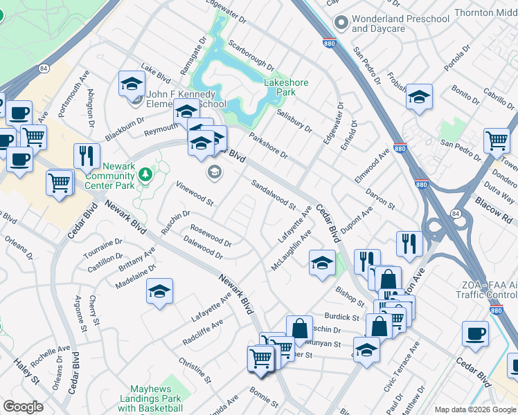 map of restaurants, bars, coffee shops, grocery stores, and more near 36171 Sandalwood Street in Newark