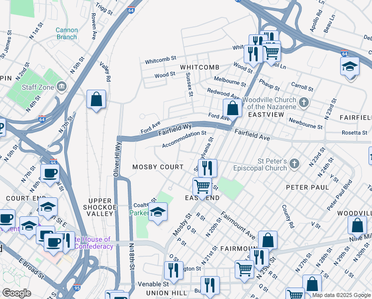 map of restaurants, bars, coffee shops, grocery stores, and more near 2108 Richmond Street in Richmond