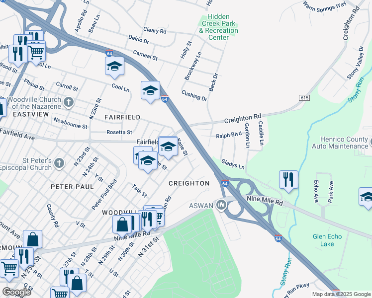 map of restaurants, bars, coffee shops, grocery stores, and more near 2804 Kane Street in Richmond