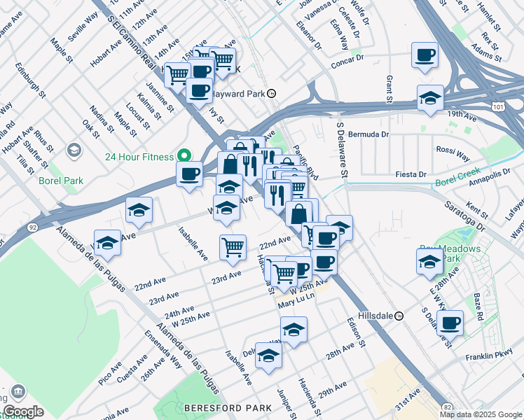 map of restaurants, bars, coffee shops, grocery stores, and more near 25 McAker Court in San Mateo