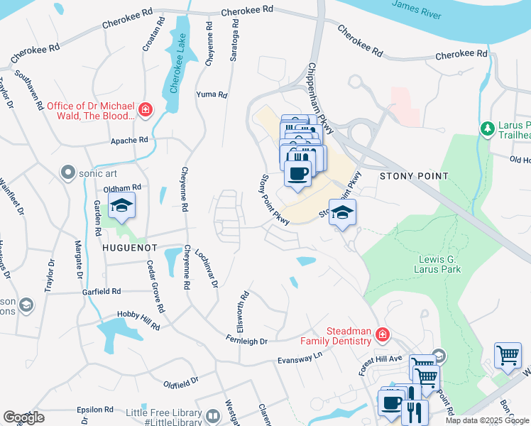 map of restaurants, bars, coffee shops, grocery stores, and more near 9201 Creeks Crossing Boulevard in Richmond