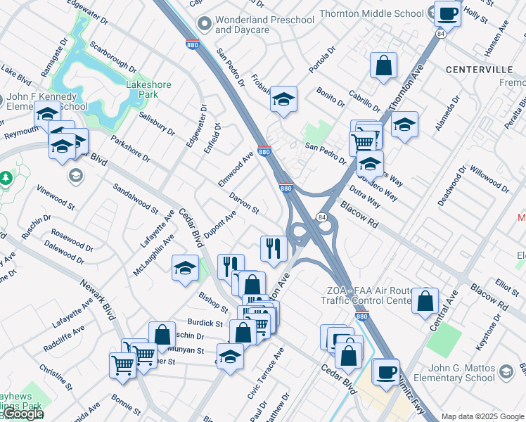 map of restaurants, bars, coffee shops, grocery stores, and more near 36628 Darvon Street in Newark